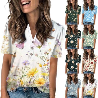 Ladies Summer Tops Women's Fashion Casual With Floral Prints V-neck Short Sleeve Button T-shirt Top