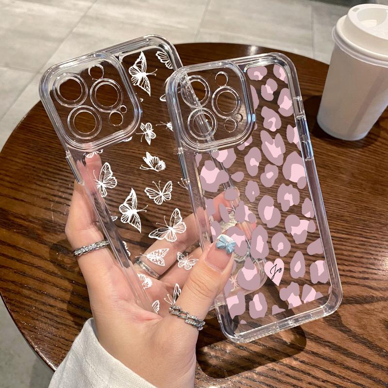 For iPhone 17 16 15 Pro Max Air 14 13 Leopard Print Butterfly Patterned Silicone Soft Phone Case Cover
