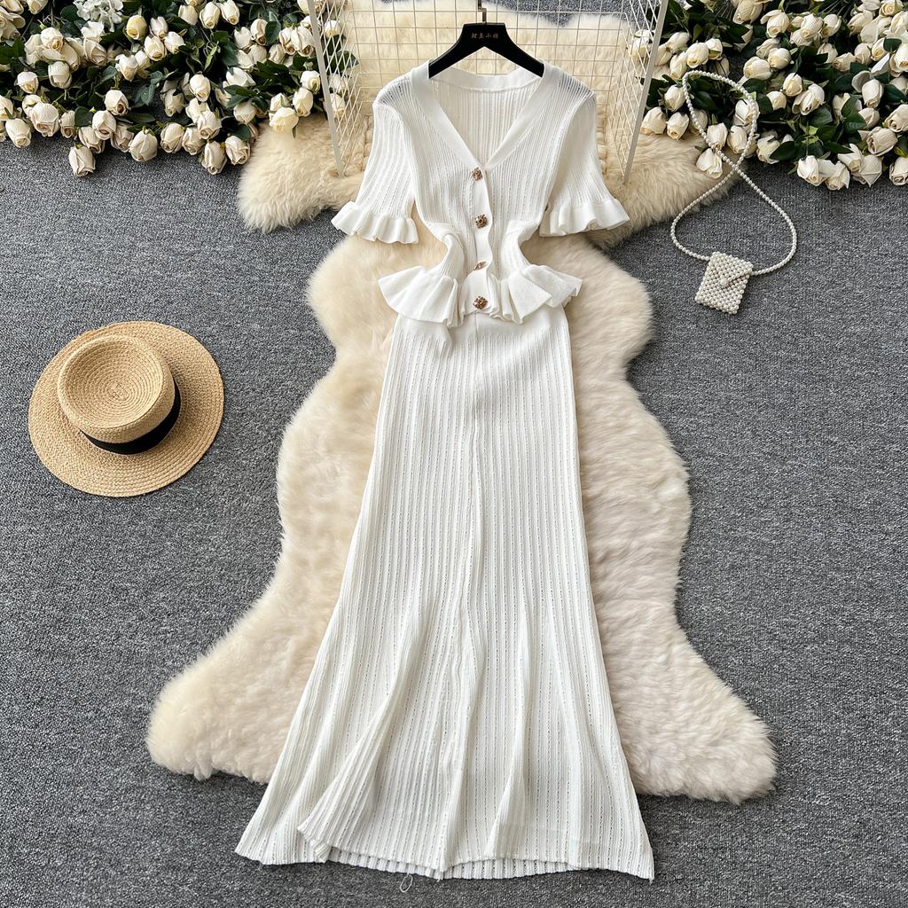 Retro Strickpullover Rüschen Sexy Einreihig Elegant A-Linie Langes Maxi Abend Party Kleid Damenmode Sommerkleidung