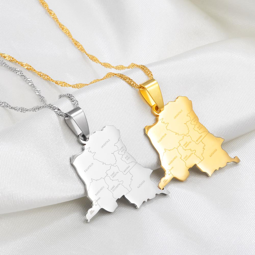 Anniyo the Congo Map With Cities Name Pendant Chain Necklaces DRC Kinshasa Jewelry Congolese #271321
