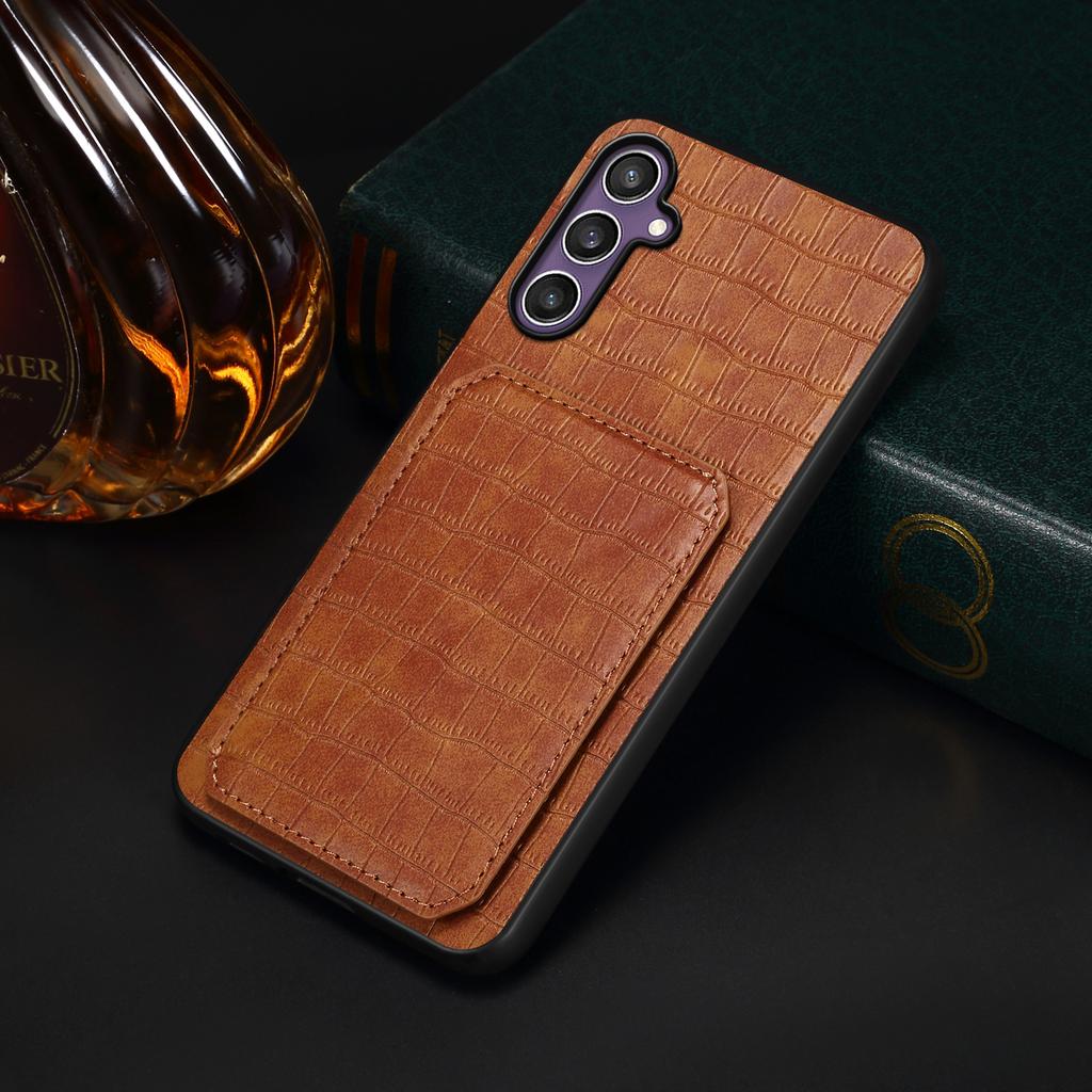For Samsung Galaxy S25 Case with Card Holder Leather + PC + TPU Crocodile Textured Back Cover