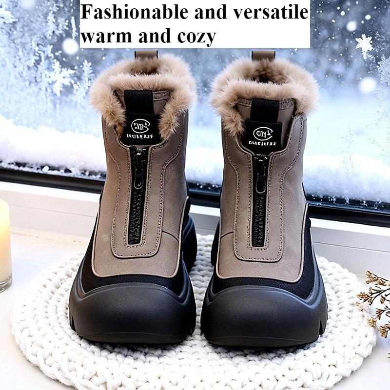 Women's Retro Zipper Fashion Lightweight Soft Sole Winter Warm Plush Snow Boots Lined with Fleece Non-slip Casual Sports Cotton Boots
