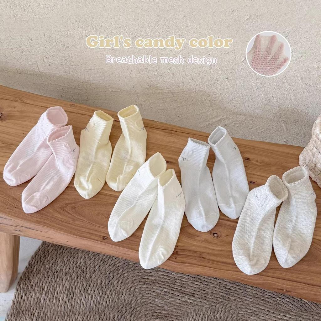 5 Pairs Spring Summer Thin Girls Mesh Socks Children's Korean Sweet Cute Cartoon Rabbit Stockings Comfy & Breathable Sports Short Socks 2-12Y