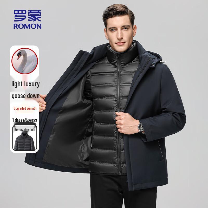 ROMON Men s Mid-length Goose Down Jacket with Detachable Hood L