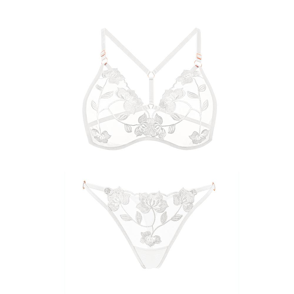 Women’s Lace Embroidery Sexy Underwear Set Adjustable Bra/panties Mesh See Through Lingerie Set Breathable Soft Comfortable Lingerie Set for Female