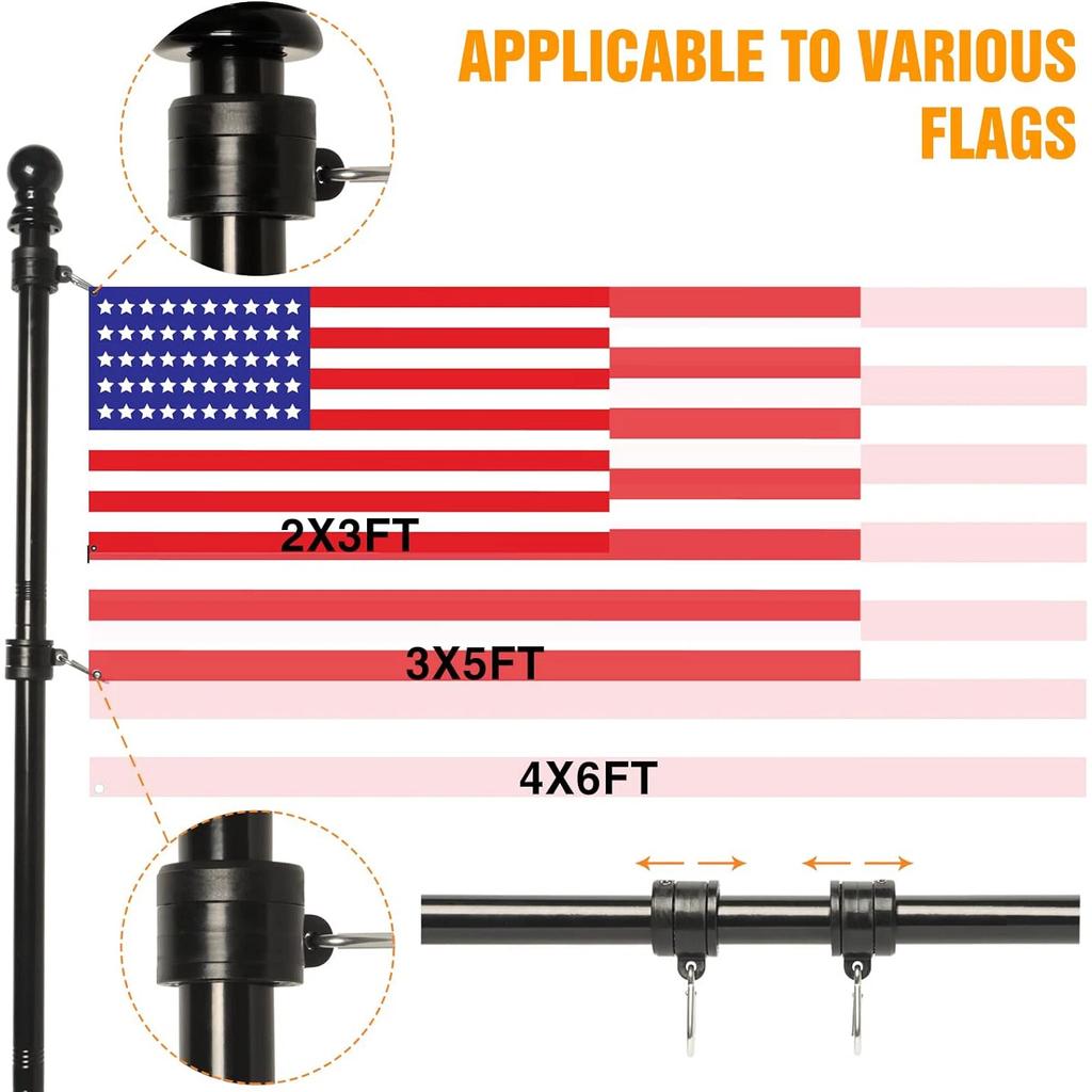 6FT Telescopic Flag Pole Stainless Steel Adjustable Guide Banner Flag with 2 Rotating Rings New Wall Mount Home Holder Home Deco