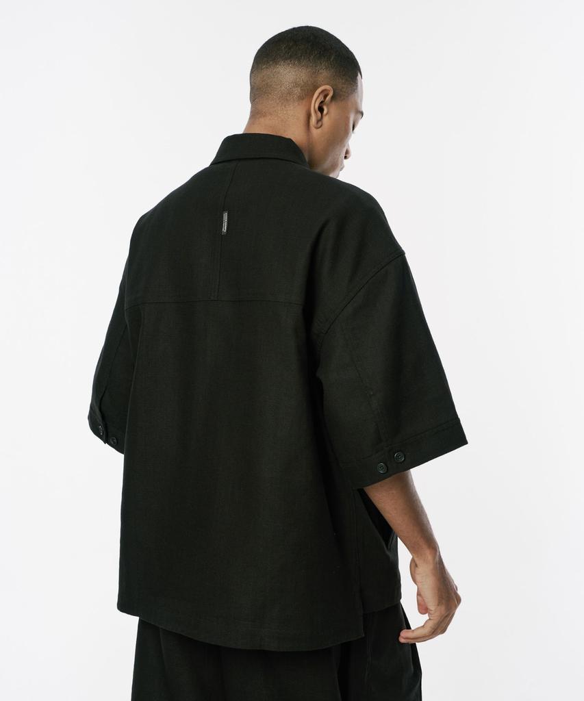Codemorph Linen Texture Cotton Utility Short Sleeve Shirt Jacket Black
