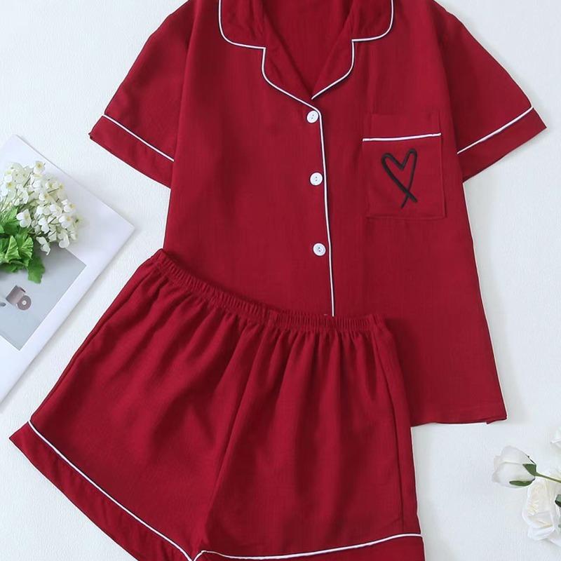 

Женская пижама, комплект для дома, вышитый сердечком, карман, накладные карманы, пижама на пуговицах, короткий рукав, топ и шорты, домашняя одежда XL
