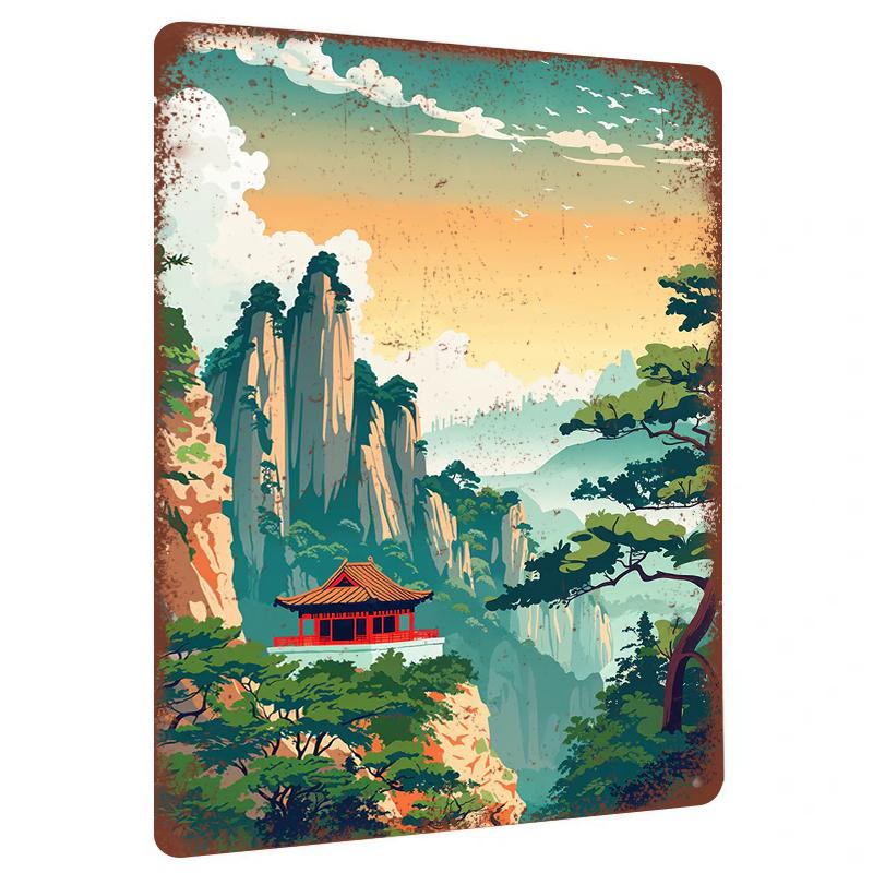 

Chinese Style Landscape Pavilion Metal Iron Painting Home Decor Wall Art Living Room StudyWall Hanging Ornament 20x30cm（7.8x11.8inch）