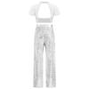Mädchen Latein Jazz Tanzkostüm Stehkragen Kurzarm Mesh Patchwork Cutout Rücken Glänzende Pailletten Crop Top Paillettenhose