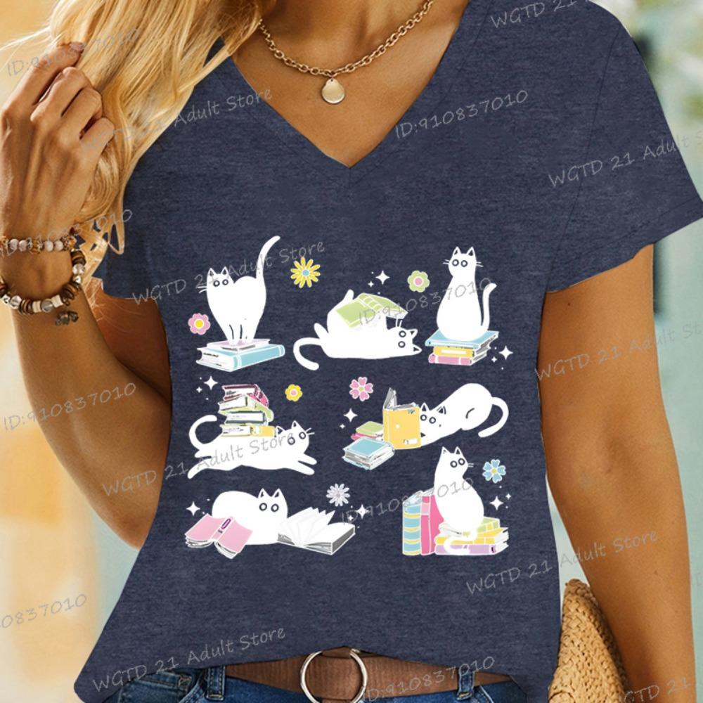 Cartoon cat and book T-shirt funny bookworm casual women's short-sleeved top