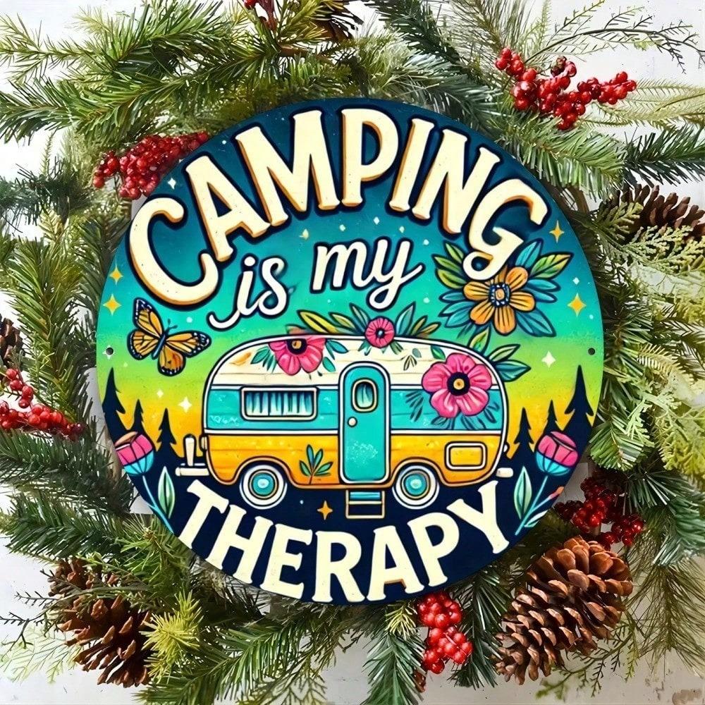 Vintage Camper Van Tin Sign, Round Retro Metal Wall Art, Camping Decor for Living Room, RV Garage, Man Cave, 7.8 Inch