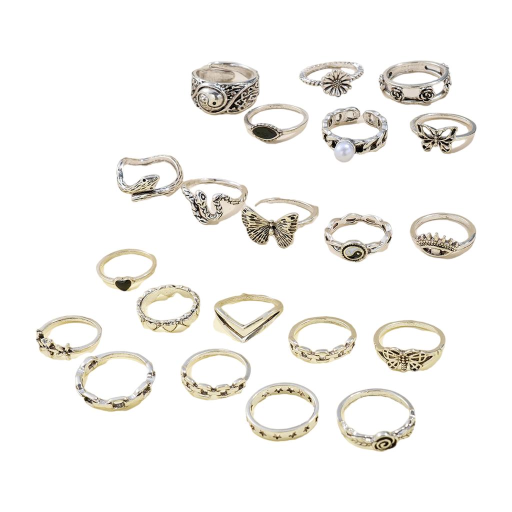 21 Pieces Vintage Butterfly Heart Rings Set Decoration for Trendy Women Adjustable Sturdy Alloy Jewelry Pieces