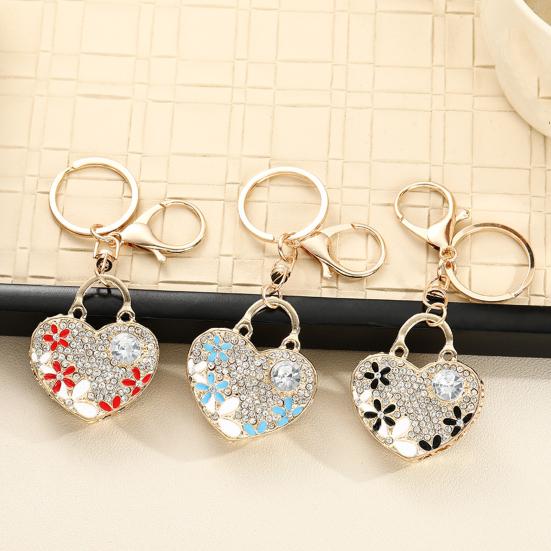 Keychain Pendant Heart Shape Charm Key Holder with Enamel Flower Design Lightweight Anti-Oxidation Durable Lobster Clasp Keyring