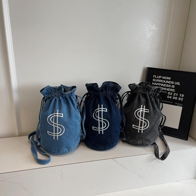 Embroidered Drawstring Bucket Bag Women's Denim Multi-Purpose Shoulder Bag