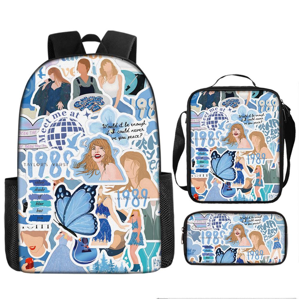 Large Capacity Schoolbag with Shoulder Strap; Student Three-piece Pencil Case Set