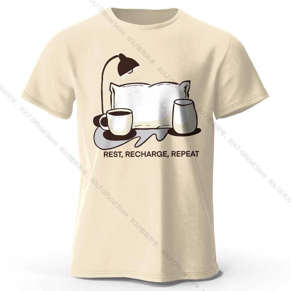 Men's Rest Recharge Repeat Printed T-Shirt 100% Cotton Oversized Motivational Graphic Tees for Women Summer Tops Athleisure