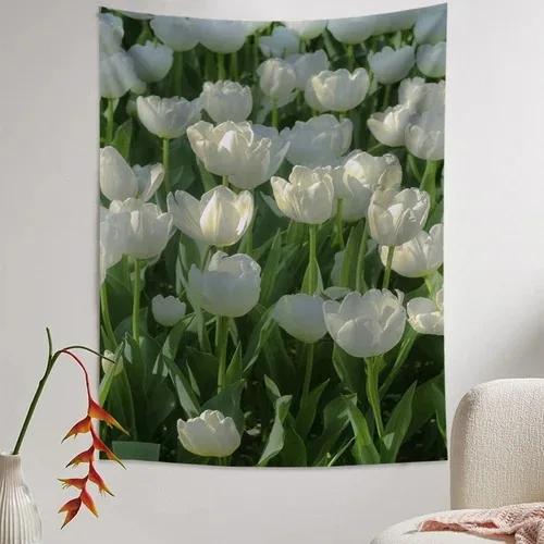 

Spring Tulip Garden Tapestry Vibrant Pink White Flowers Unique Wall Art for Home Decor Living Room Floral Lover Gift 74x94cm(29x37in)