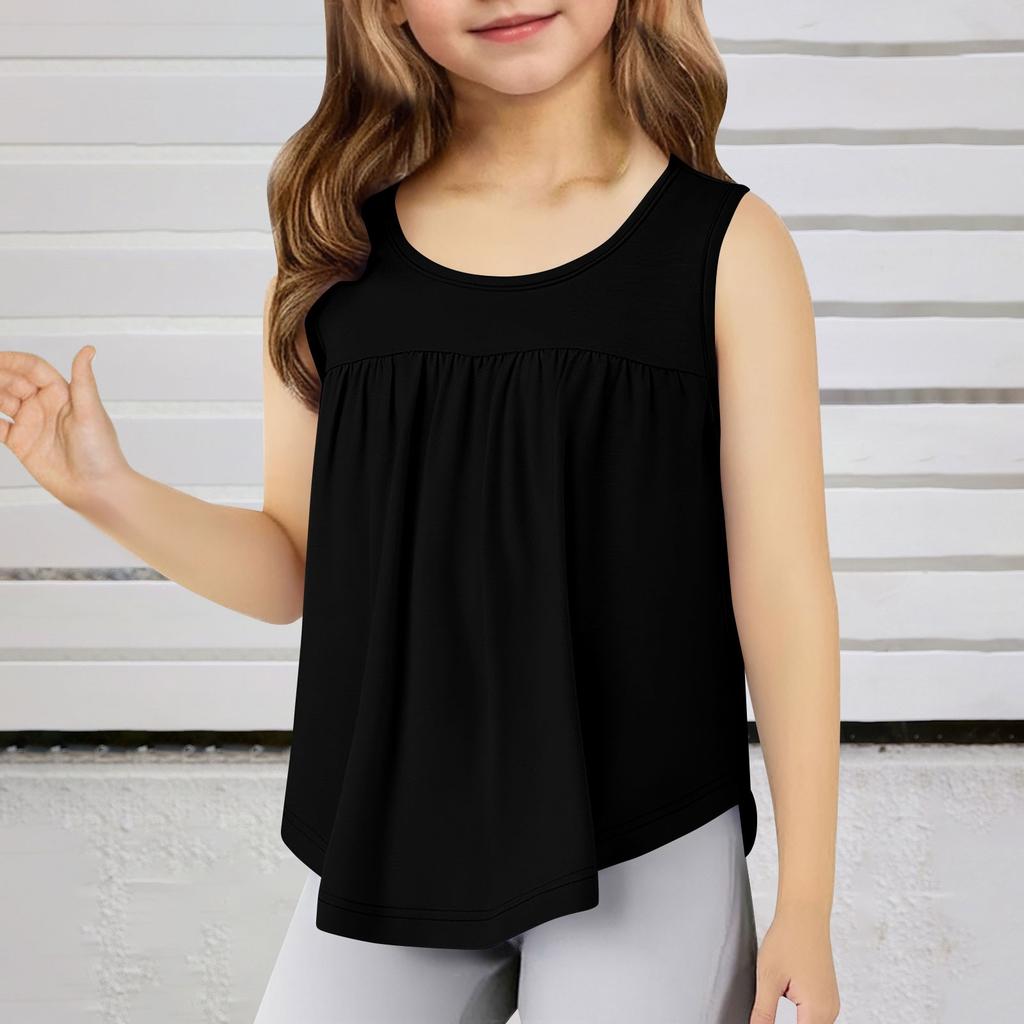 Children's Round Neck Casual Solid Color Sleeveless Pleated T-shirt Top