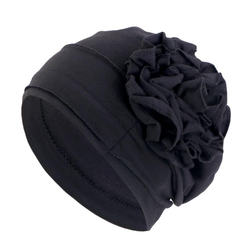New Elegant Women Solid Color Flower Cuffed Turban Hat Soft Cancer Chemo Head Scarf Hats Beanie Cap Elastic Covers Wraps