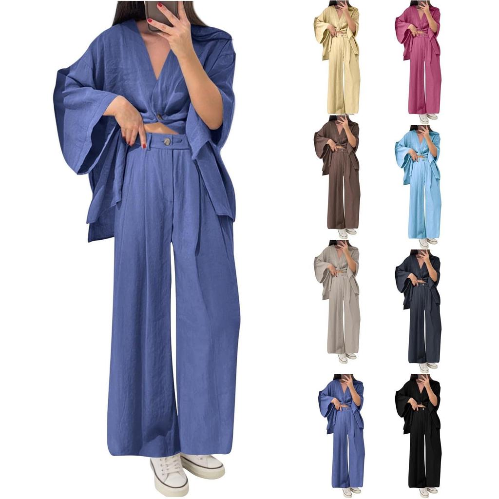 Two Piece Outfits For Women V Neck Button Down Shirt Top And Wide Leg Pants Set Loose Sweatsuits