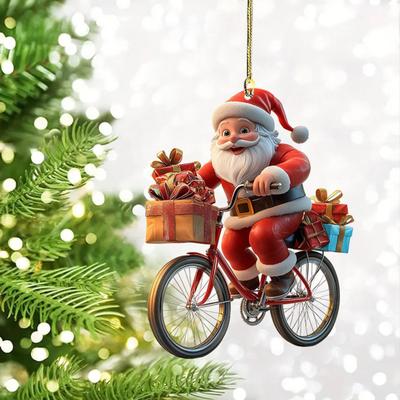 Acrylic Santa Claus Christmas Ornaments 2D Flat Santa Riding Bicycle Hanging Ornaments Funny Santa with Gift Box Decoration for Home Tree Decor