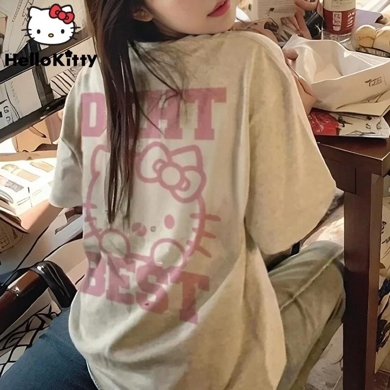 

Футболка Hello Kitty с коротким рукавом из мягкого хлопка, повседневная, с круглым вырезом, милый мультяшный принт, легкий летний топ для женщин, для повседневной носки S
