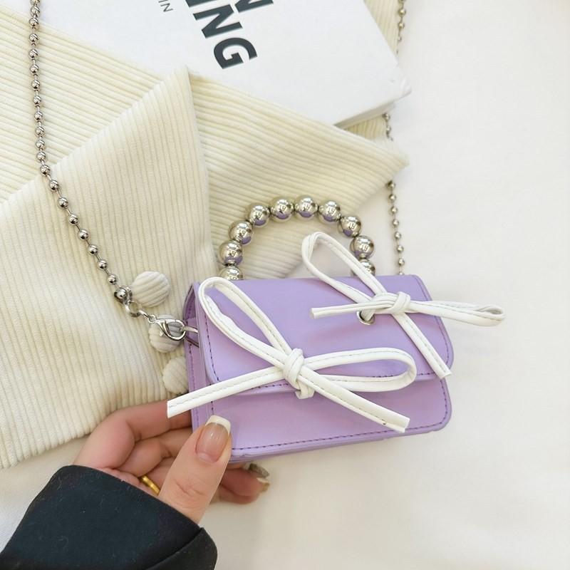 Cute Color-block Kids Shoulder Bag Mini Beaded Child Bag Fashion Bow Children Crossbody Bag Pink