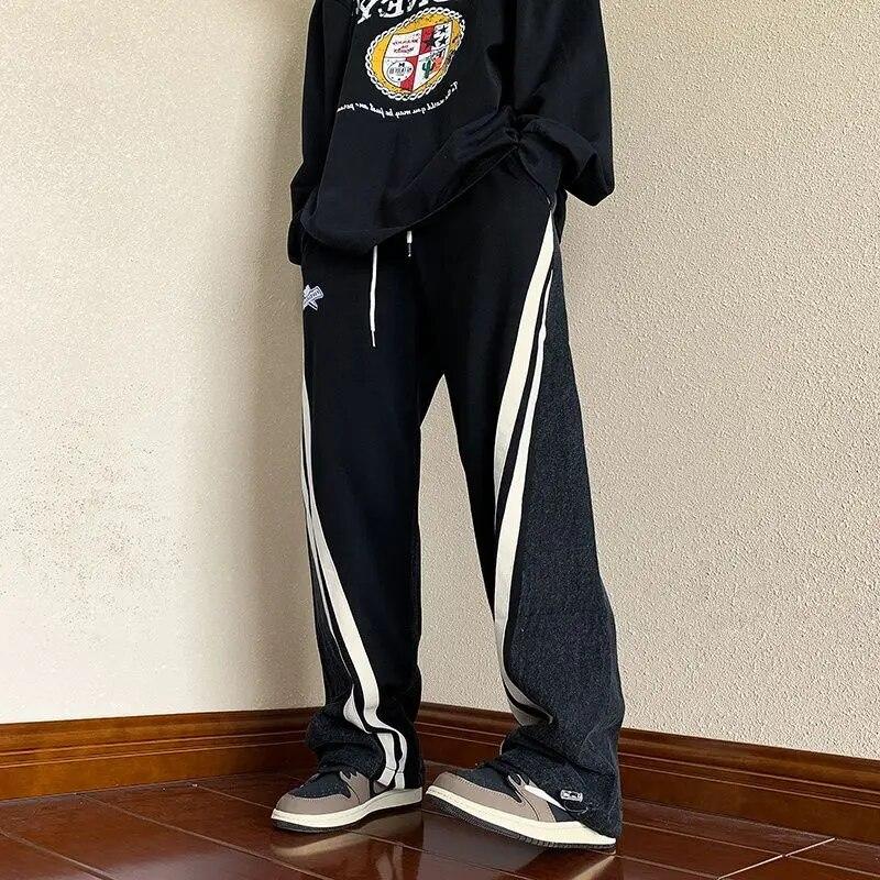 

Американский тренд, хип-хоп, High Street, свободные джинсы, мужские лоскутные полоски, эластичная талия, карманы на шнурке, прямые повседневные брюки XL чёрный