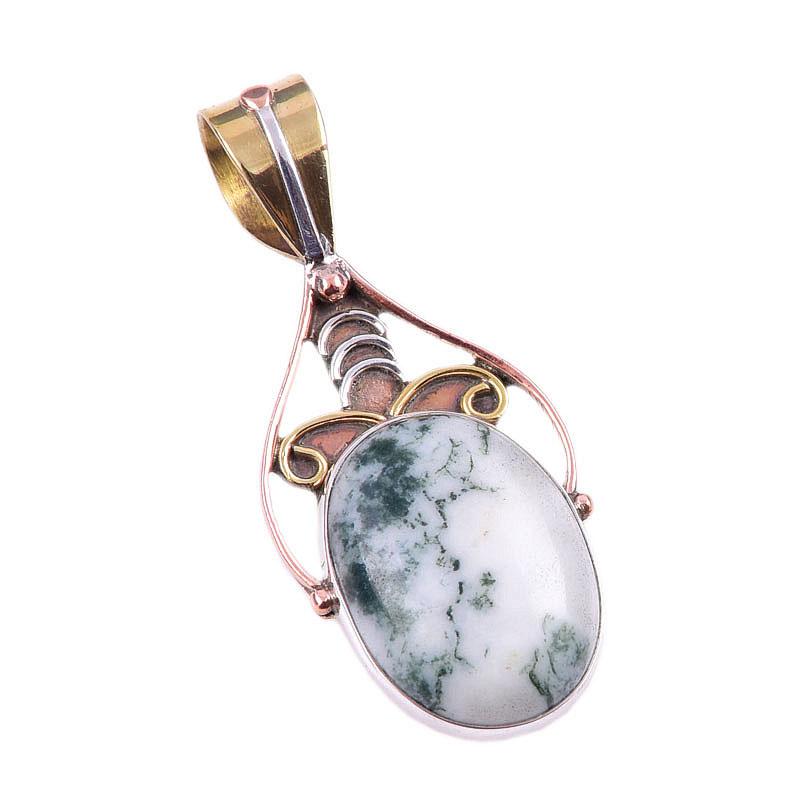 Natural Green Dendrite Opal Gemstone 925 Solid Silver TwoTone Pendant 1.75" H9d79