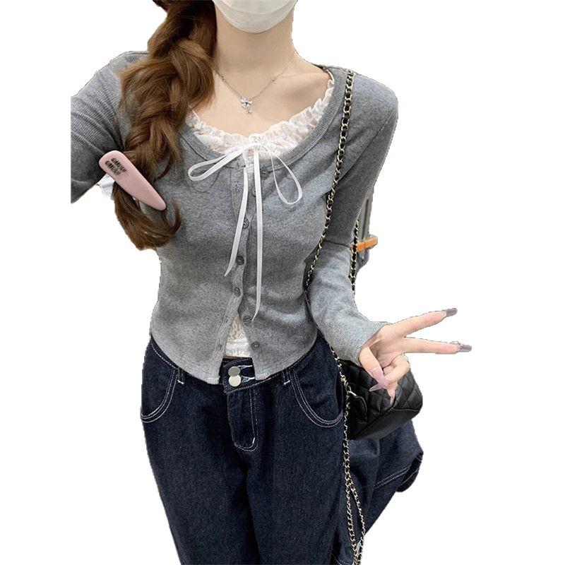 Lace Patch Long Sleeve T Shirt For Women With Butterfly Pattern And Crew Neck For Office Wear