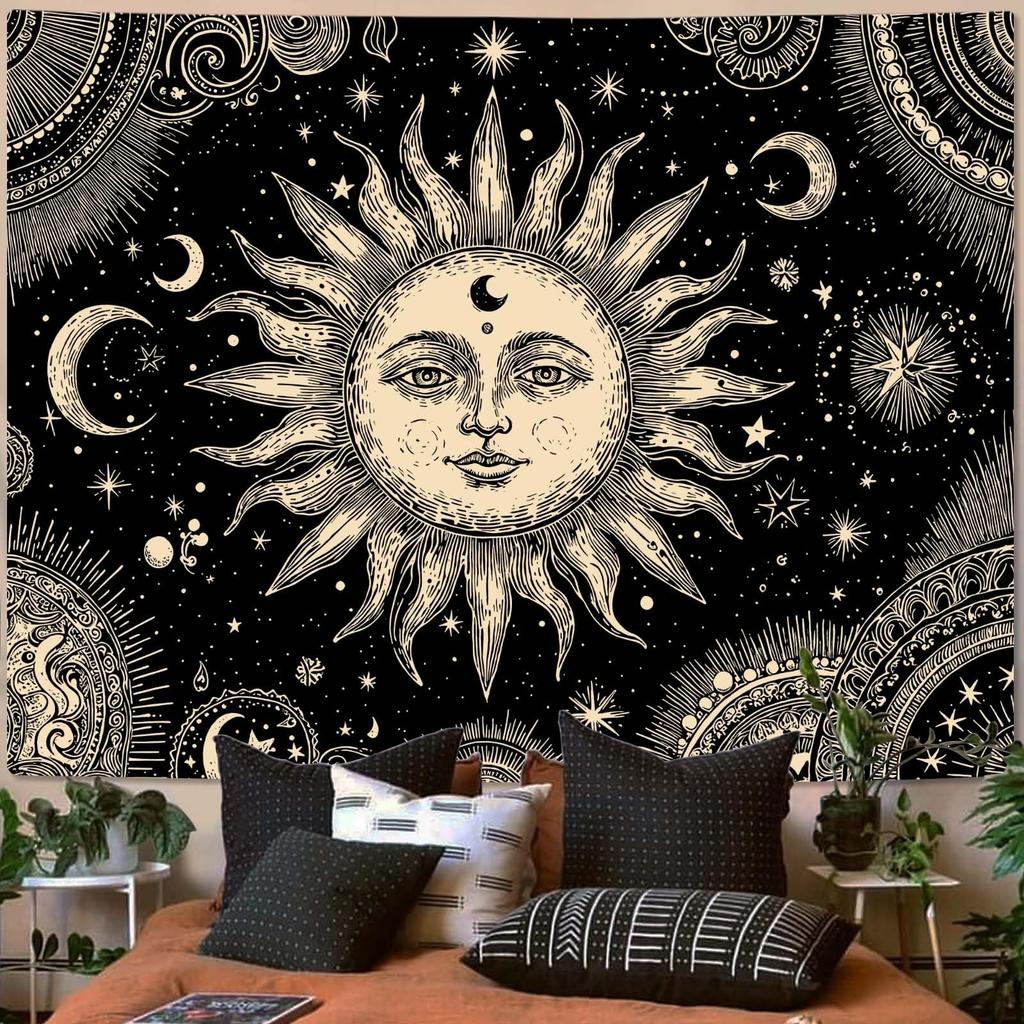 Tapestry Vintage Celestial Sun Moon Tapestries Starry Sky Wall Hanging Mystical Astrology Line Art Decor Bedroom Dormitory