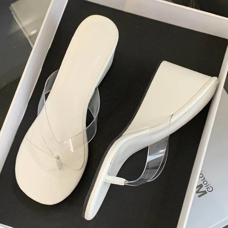 Fashion Round Clip Toe PVC Transparent Women Slippers Designer Wedge High Heels Flip Flops Ladies Shoes