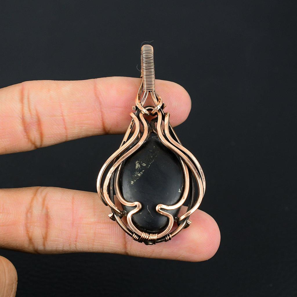 Unique Golden Apache Pyrite Gemstone Handmade Pure Copper Wire Wrapped Pendant Jewelry
