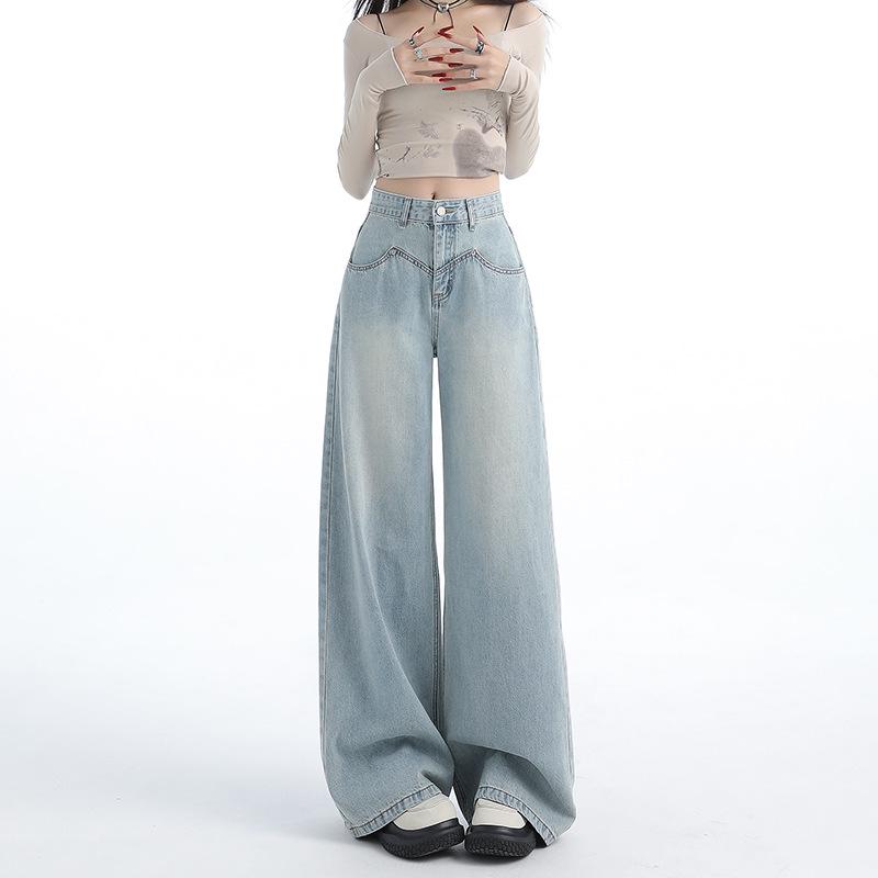Women s 2024 Dark Blue High-Waisted Wide-Leg Retro Drape Jeans Large