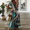 Women Plus Size V Neck Short Sleeve Black Gold Printed Long Straight Maxi Dress
