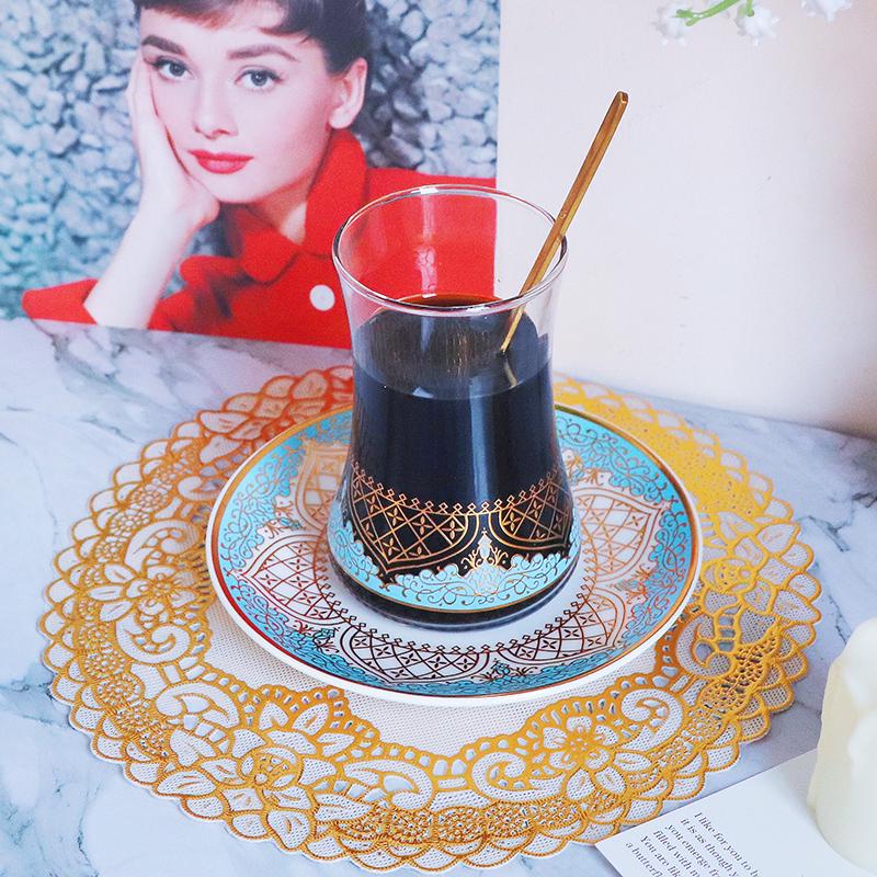 Турецкий цветочный набор из чашки и блюдца с ложками - Синий и золотой подарочный набор