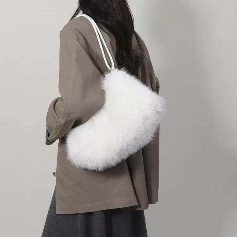 Fluffy Faux Fur Shoulder Bag Women Soft Elegant Underarm Bag Thin Shoulder Strap Plush Handbag Winter Versatile Commuter Totebag