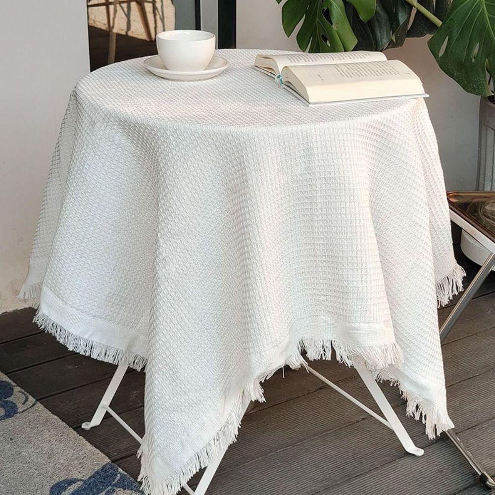 Multi-purpose Garden Table Cloth Waffle Texture White Round Table Tablecloth Solid Color Tassel Dinner Tea Table Covers Coffee
