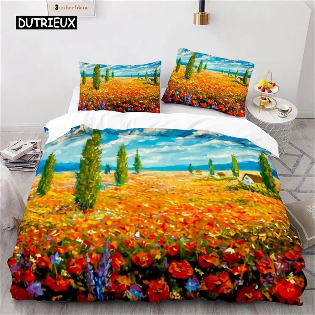 Oil Painting Duvet Cover  Art  Microfiber Landscape Romantic Comforter Cover Bedding for Kids Teen Adults Bedrooms  Decorated Three Piece Set