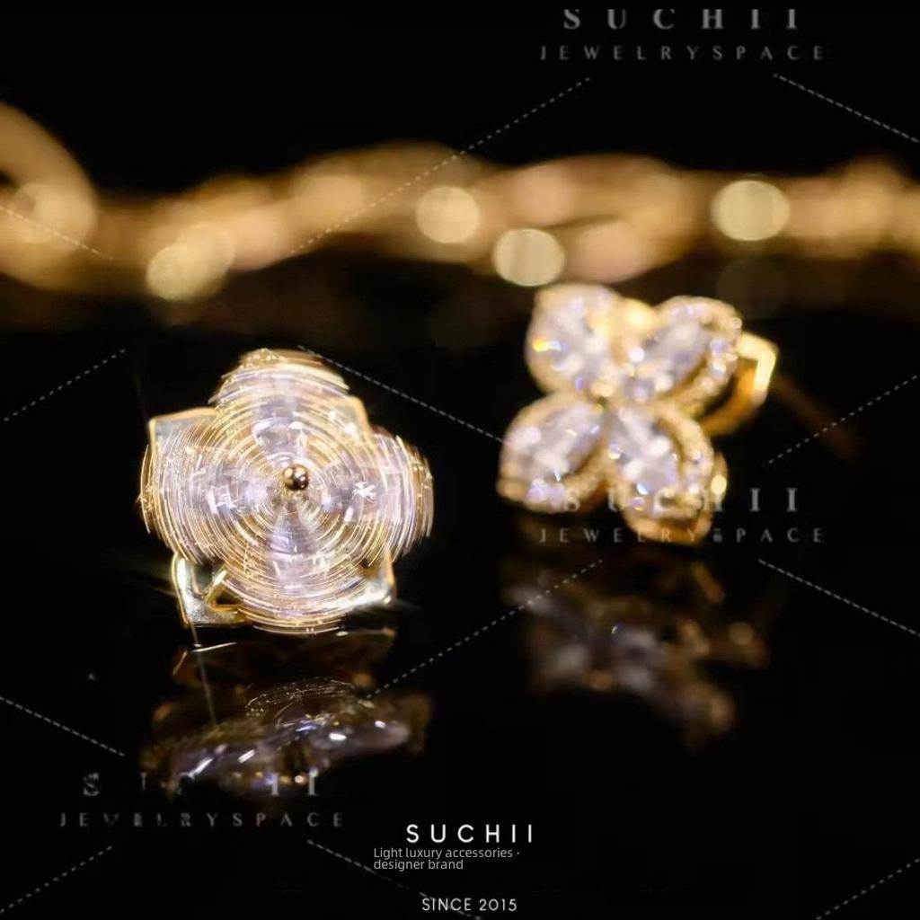 925 Silver Rotating Four-Leaf Flower Earrings, Necklace, and Ring Set for Women