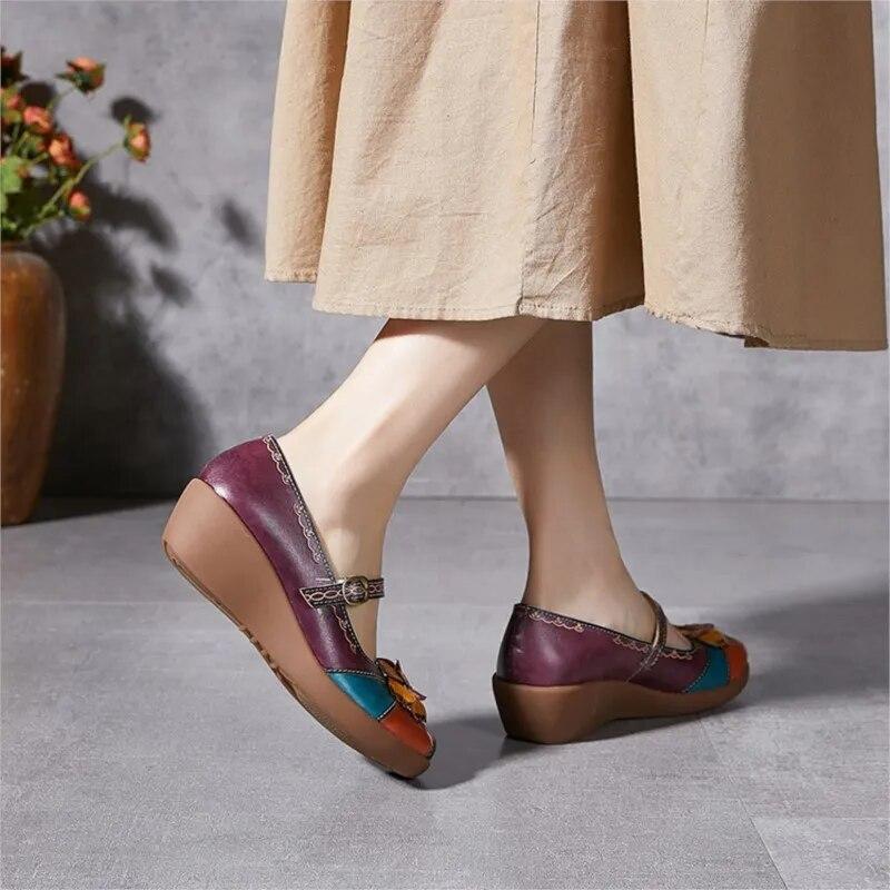 Johnature Vintage Flower Colour Wedges Sandals Genuine Leather Handmade Ethnic Style Comfortable Women Shoes
