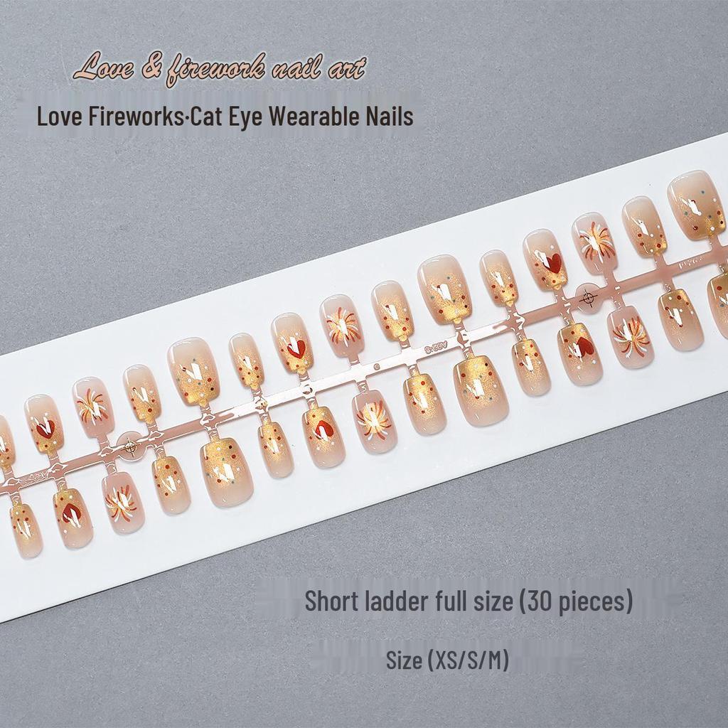 Gold Cat Eye Heart Firework Polka Dot Nail Patches - Removable, 30 Pieces (XS/S/M)