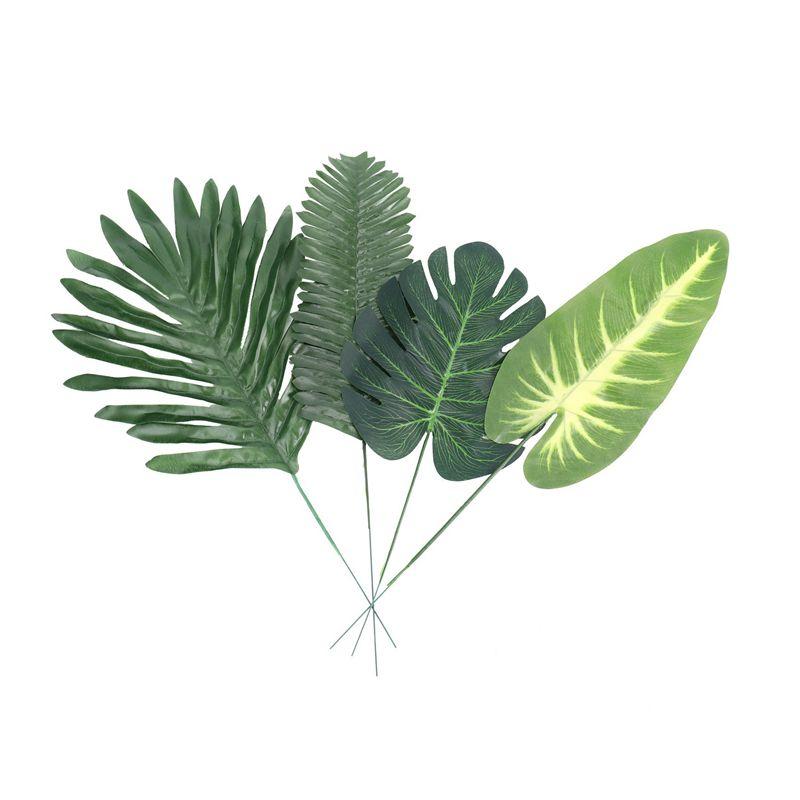 A84E-340 Pieces 8 Kinds Tropical Party Decorations Jungle Monstera Leaves , Artificial Palm Leaves With Faux Stem