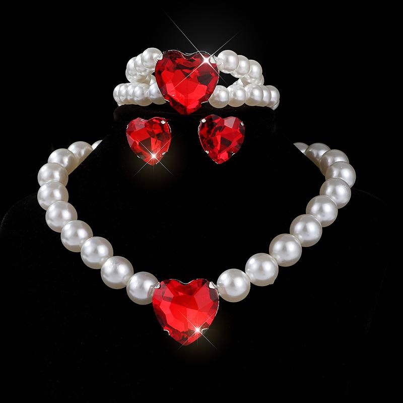 Love-shaped glass diamond earrings necklace set exaggerated imitation pearl bridal peach heart jewelry