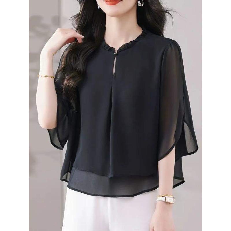 

New Loose and Versatile Tops Stylish Fungus Collar Chiffon Shirts Fashionable Tops 4XL чорний
