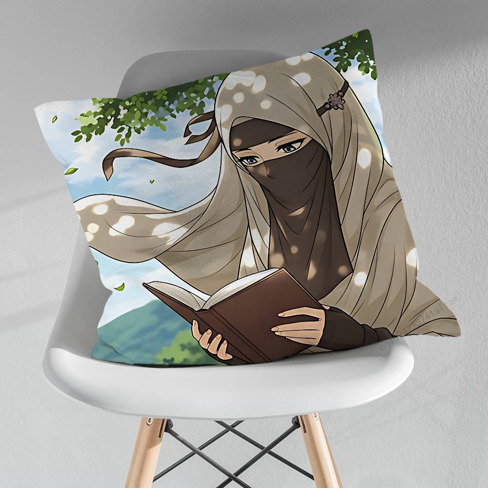 Cartoon Arabic Muslim Girls Throw Pillow Case Living Room Sofa Cushion Cover For Home Bedroom Decoration Protector