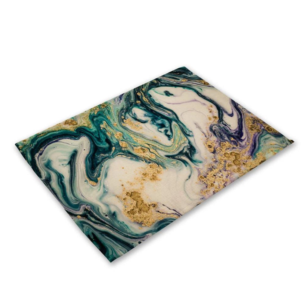 Green Rose Pink Marble Printing Linen Placemat for Dining Table Drink Coaster Home Decor Dining Mat Modern Kitchen Cup Pads
