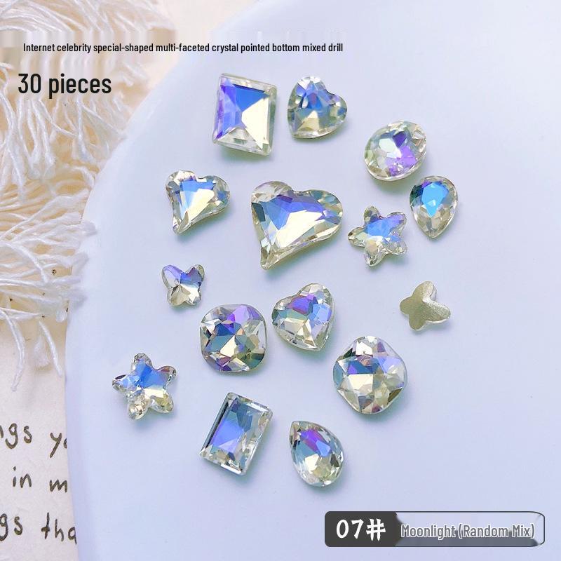 30-Piece Nail Art Crystal Rhinestones Set: Shiny Butterfly, Square, Asymmetrical Peach Heart Shapes