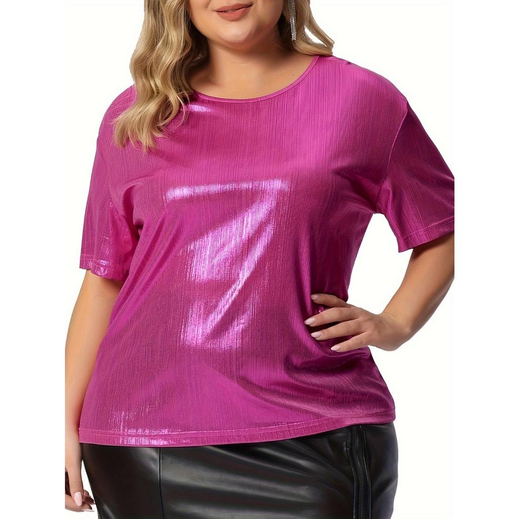 GMXIA Letnia Luźna Wersja Duży Rozmiar Okrągły Dekolt Jednolity Kolor Złoty Pył Krótki Rękaw Koszulka